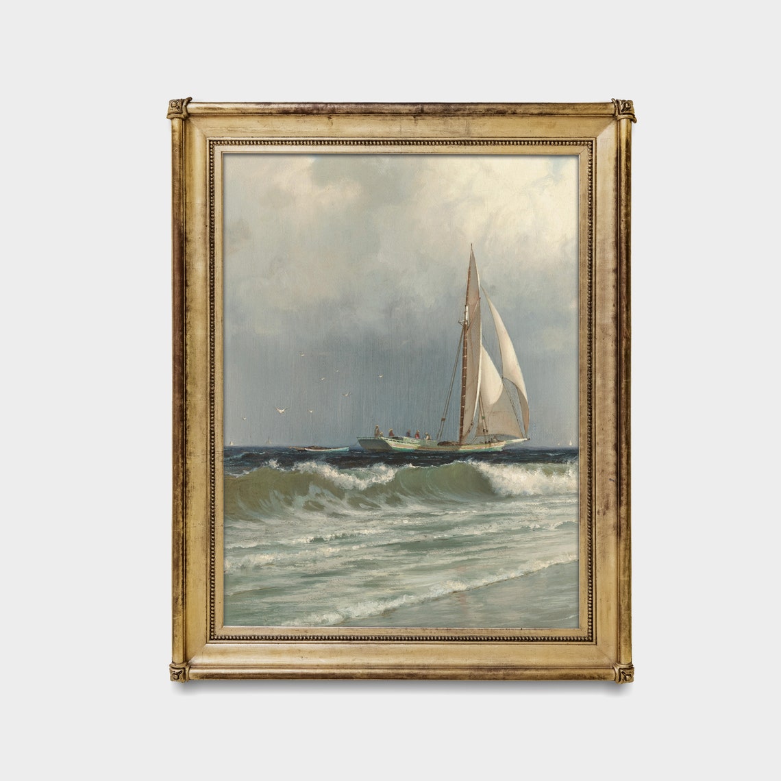 Tall Sloop Sailing Through Ocean Waves Vintage Seascape Oil Poster - Image 4