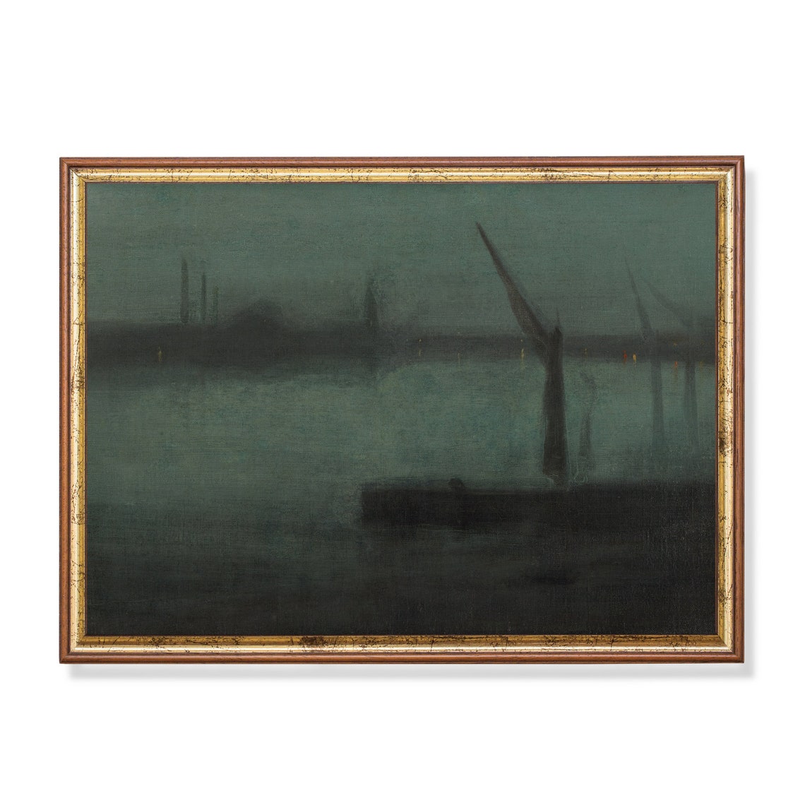 Dark River Nocturne with Barge Whistler Style Night Painting Poster