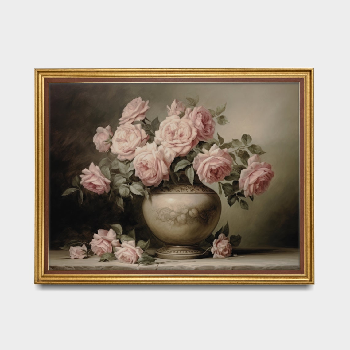 Blush Pink Roses In A Stone Vase Moody Floral Still Life Poster - Image 5