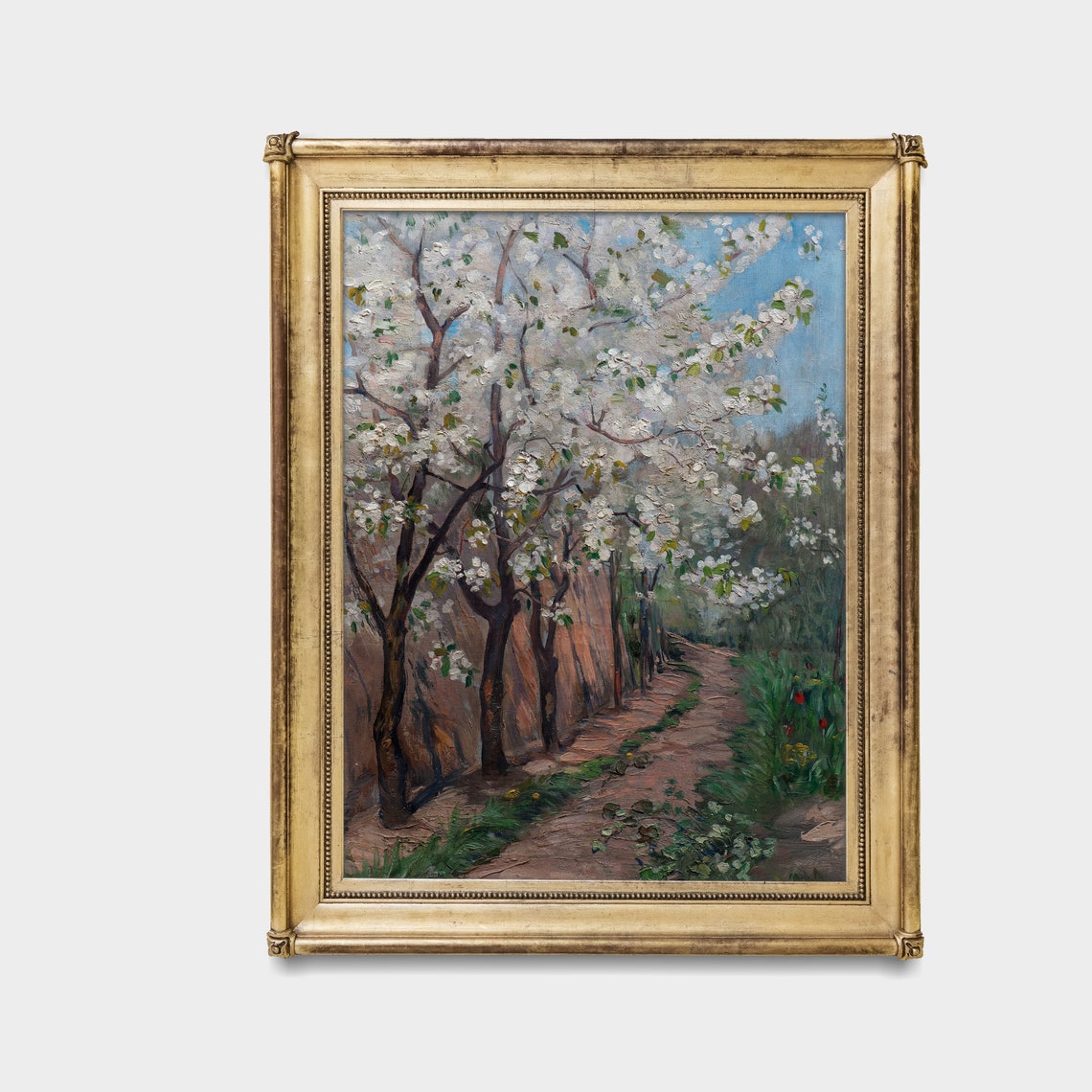 White Cherry Blossoms Lining a Village Path in Spring Wall Art - Image 3
