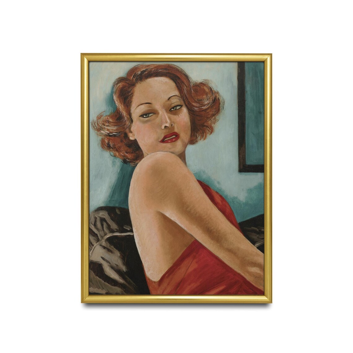 Red-Haired Woman in Red Dress 1930s Art Deco Portrait Poster - Image 2
