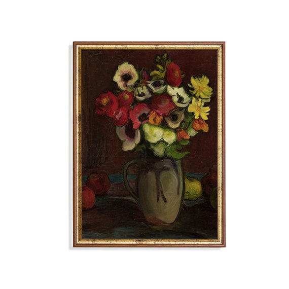 Vintage Still Life With Flowers Antique Still Life Painting Moody Rustic Print Wall Art Farmhouse Decor