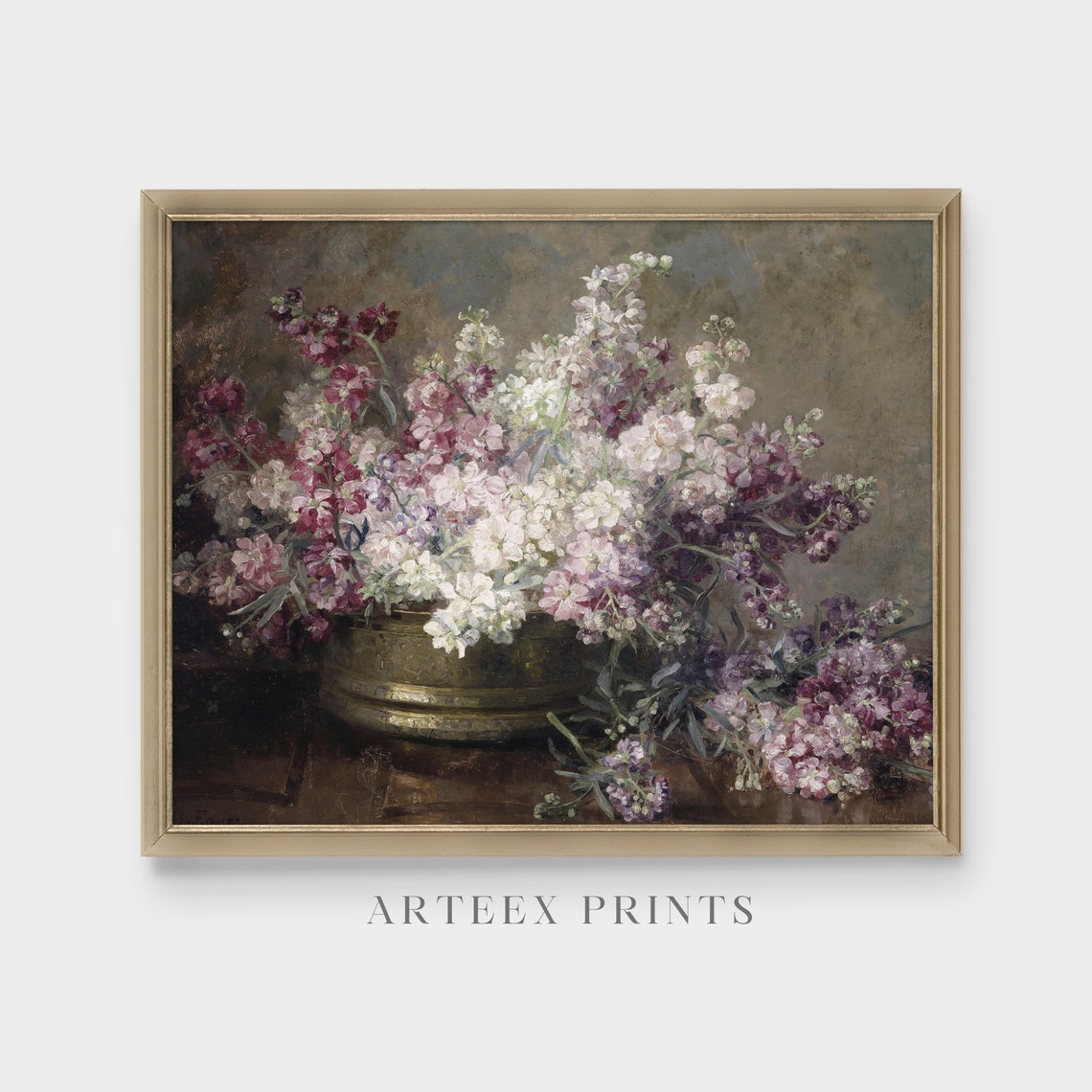 Pink And White Stocks In Brass Bowl Vintage Floral Still Life Poster - Image 3