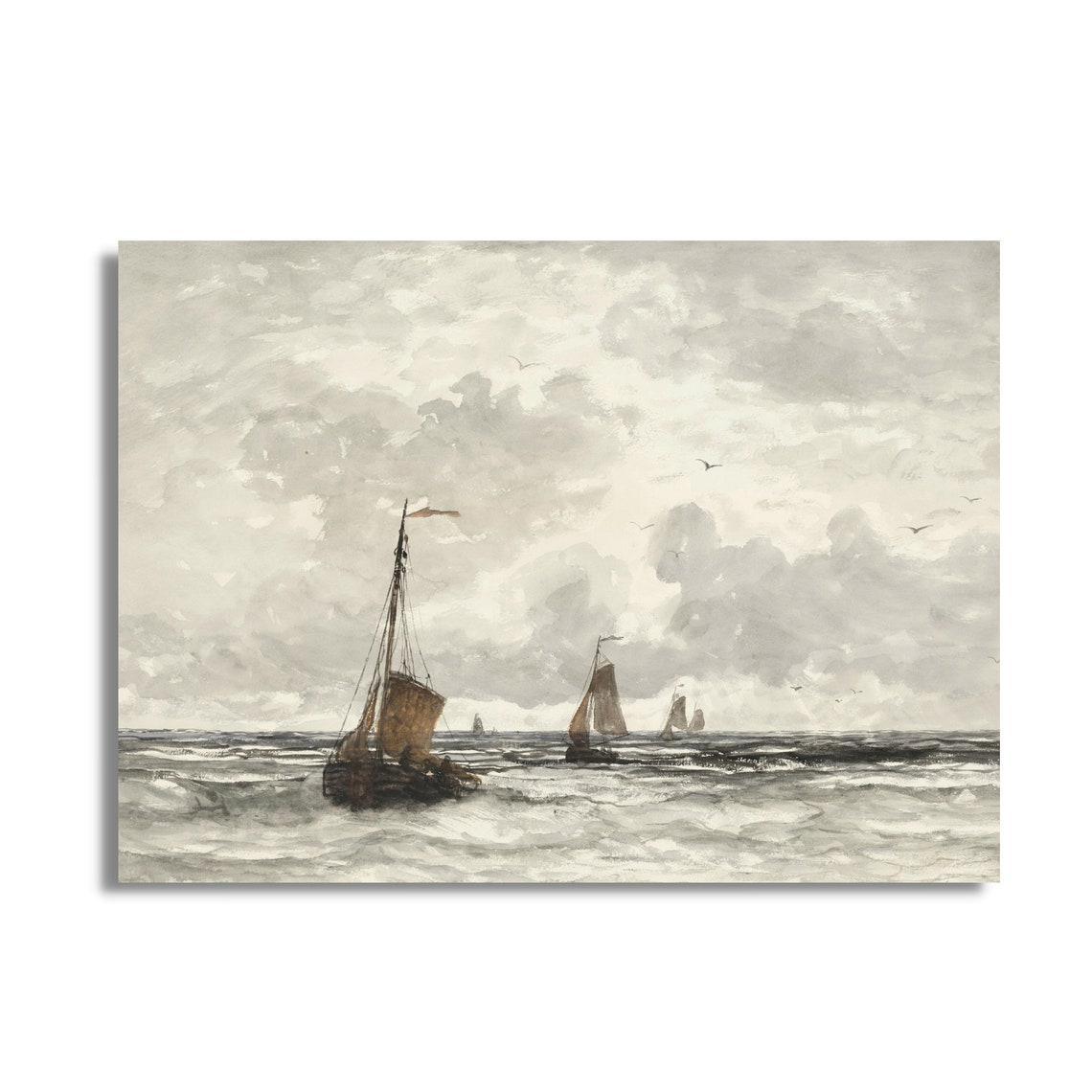 Vintage Sailing Boats On Choppy Sea Cloudy Sky Seascape Art Poster - Image 3