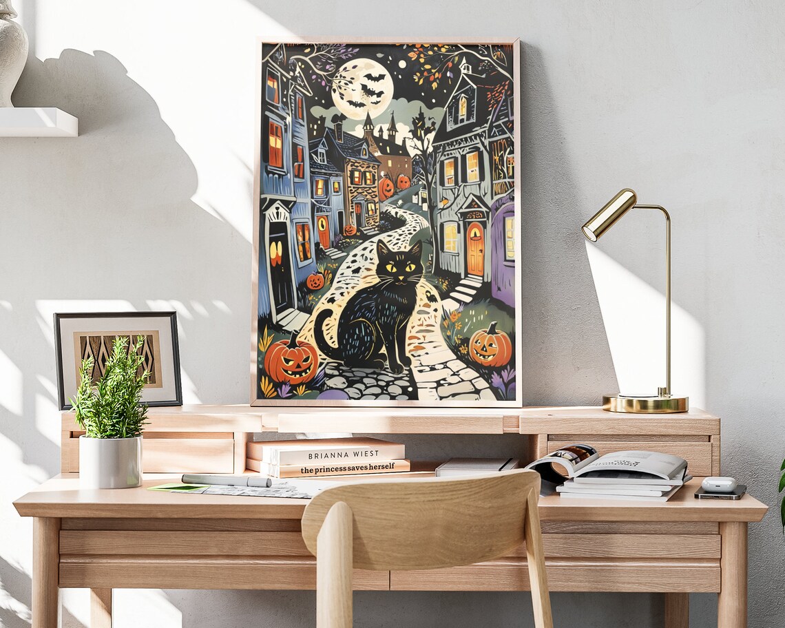 Black Cat On Cobblestone Halloween Street Moon Bats Jack O Lanterns Poster - Image 4