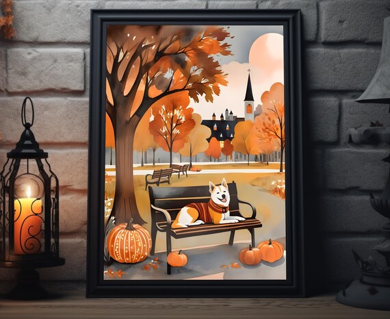 Dog With Scarf Lounging On Park Bench Pumpkins Autumn Village Art Poster