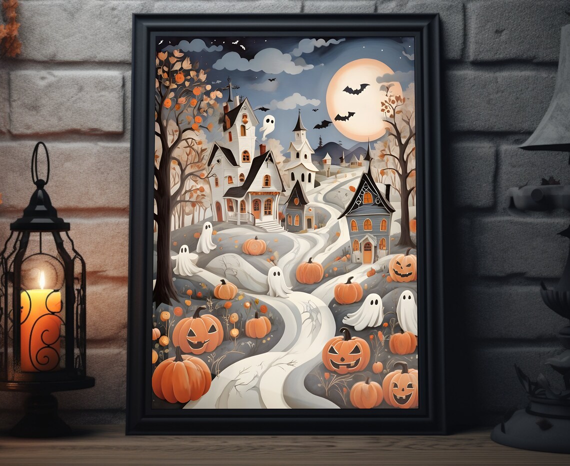 Vintage Halloween Spooky Town Ghosts Pumpkins Full Moon Art Poster