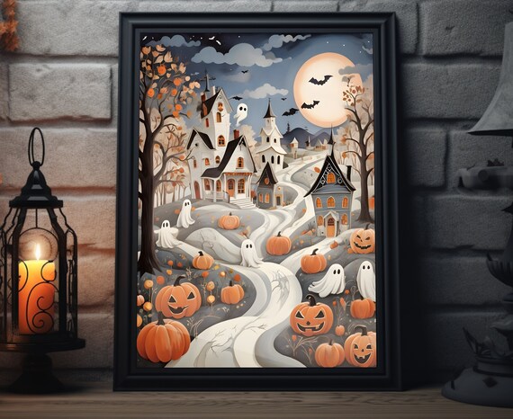 Vintage Halloween Spooky Town Ghosts Pumpkins Full Moon Art Poster