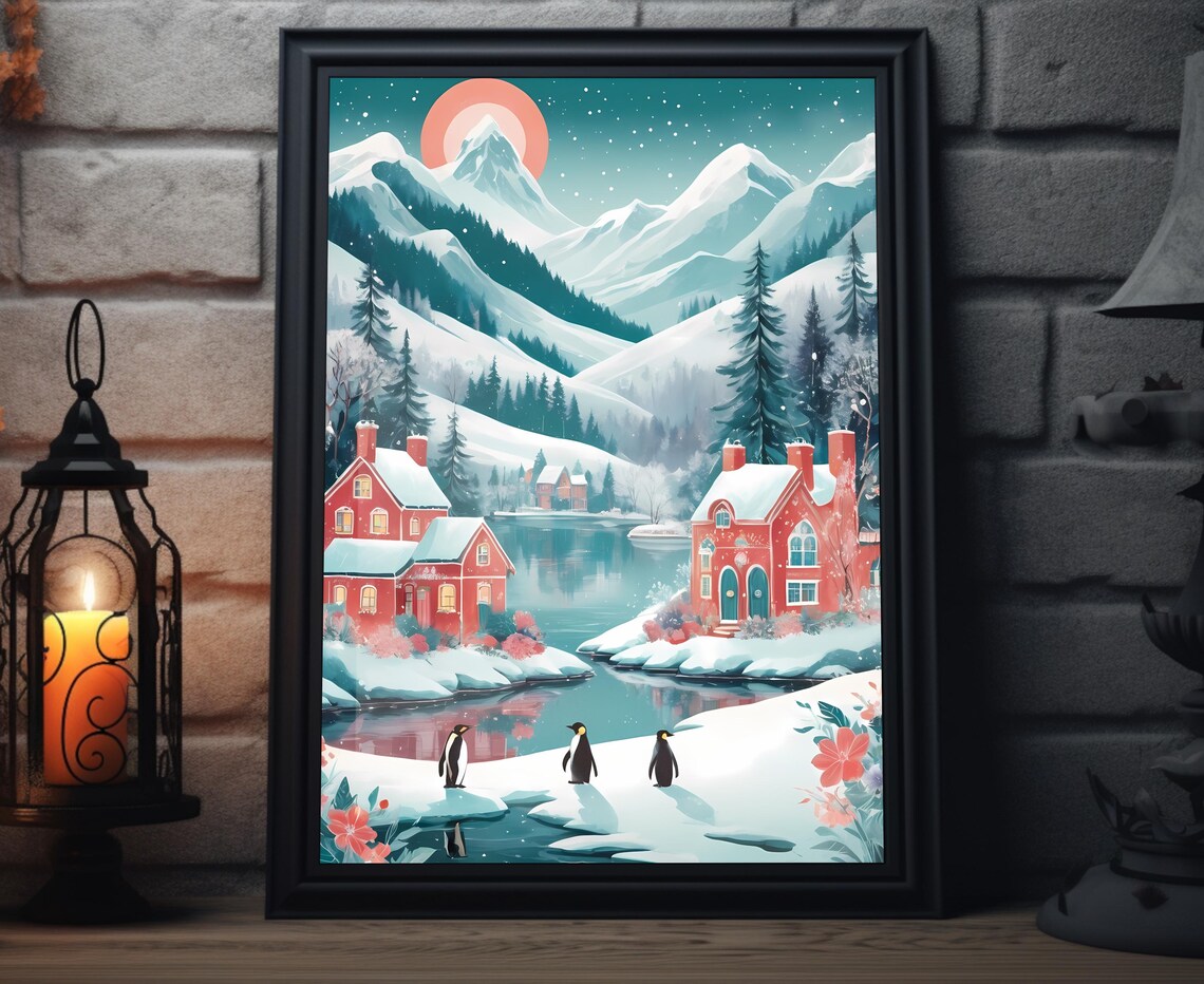 Penguins By Mountain Lake With Red Houses Winter Scene Art Poster