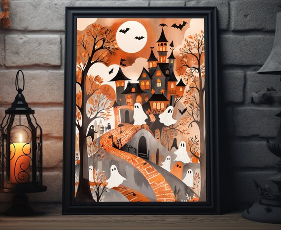 Halloween Ghost Town Folk Art Haunted Castle Full Moon Cute Bats Poster