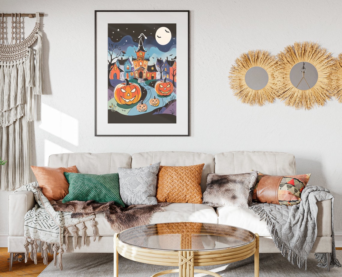Haunted House And Pumpkins Halloween Moonlight Night Art Poster - Image 2