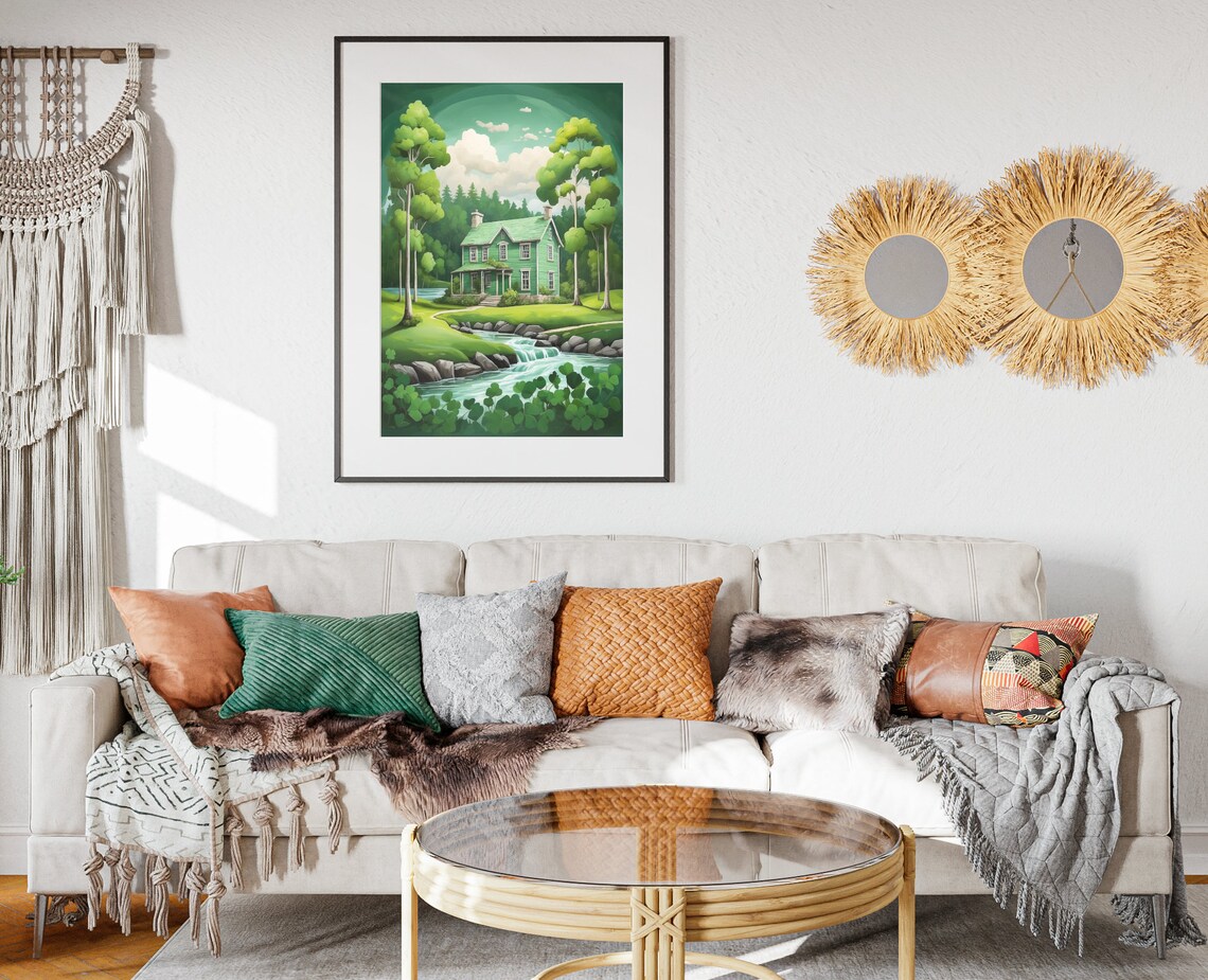 Ireland Green Country House Waterfall Stream Shamrock Folk Art Poster - Image 2