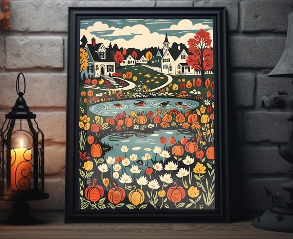 Autumn Pond With Ducks Pumpkins And Wildflowers Village Folk Art Poster