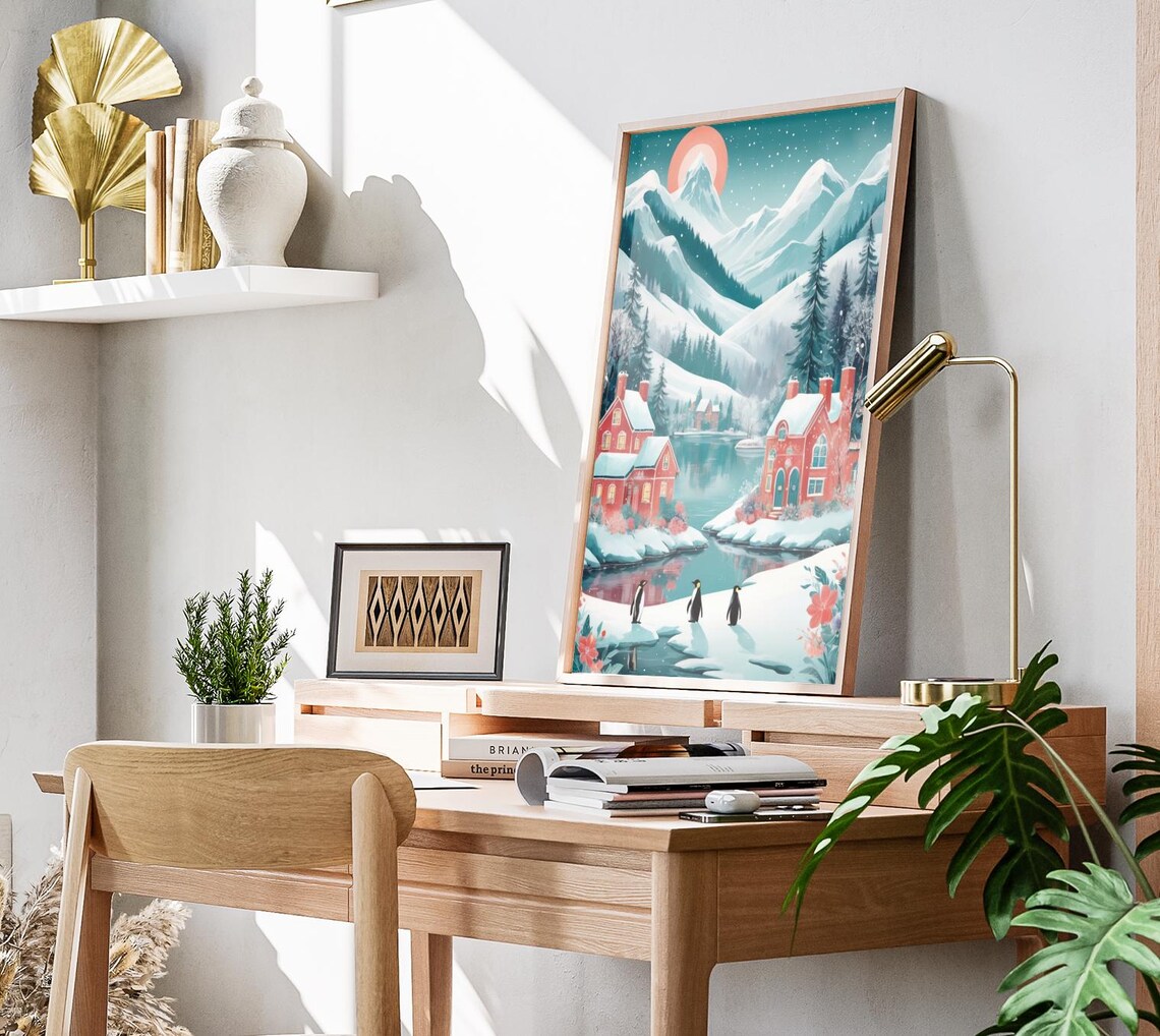 Penguins By Mountain Lake With Red Houses Winter Scene Art Poster - Image 3