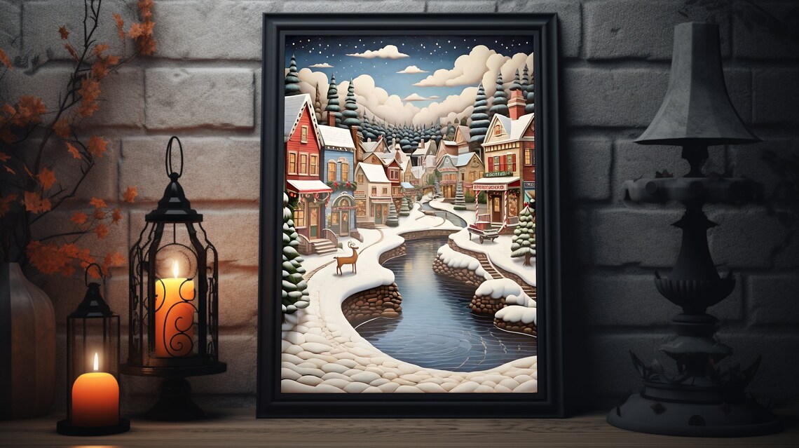 Snowy Christmas Village Street Deer Frozen River Night Art Poster