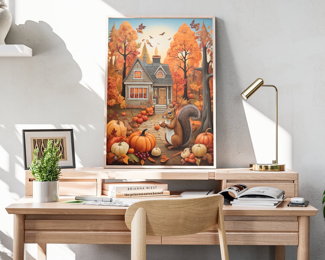 Fall Forest Squirrel Pumpkins Cozy House Autumn Trees Wall Poster - Image 4