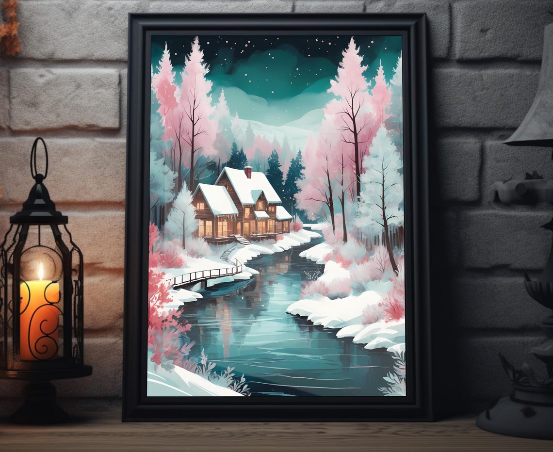 Snowy Cabin By Pink River Trees Winter Night Forest Art Poster