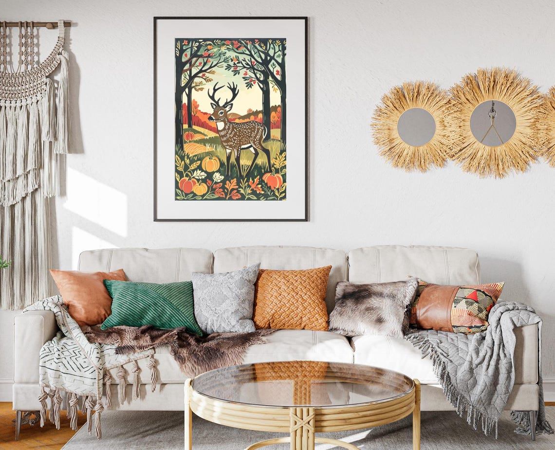 Spotted Deer Autumn Forest Pumpkins Harvest Woodcut Art Poster - Image 2