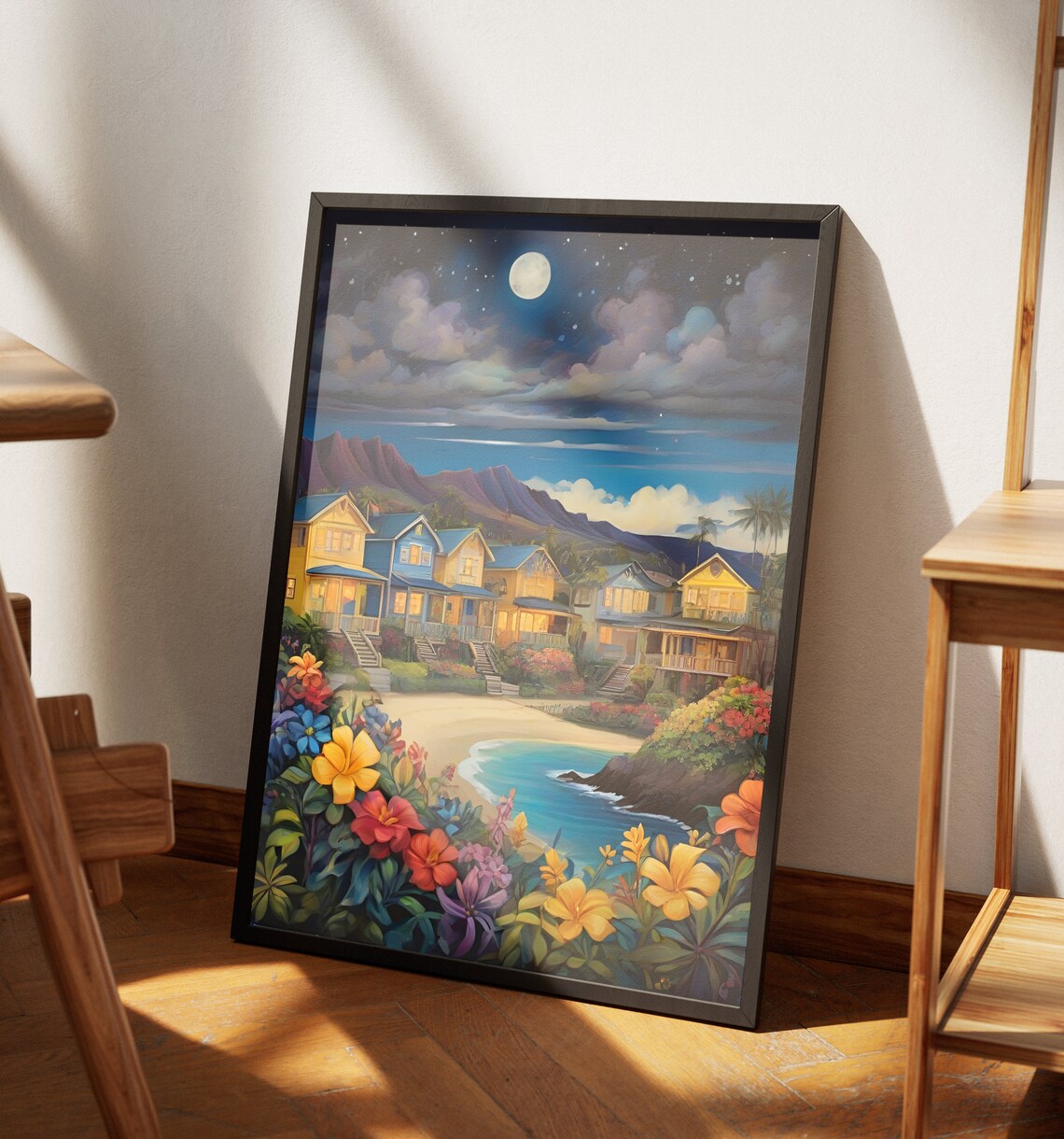 Hawaii Beach Cottages Night Full Moon Tropical Flowers Shore Art Poster - Image 4
