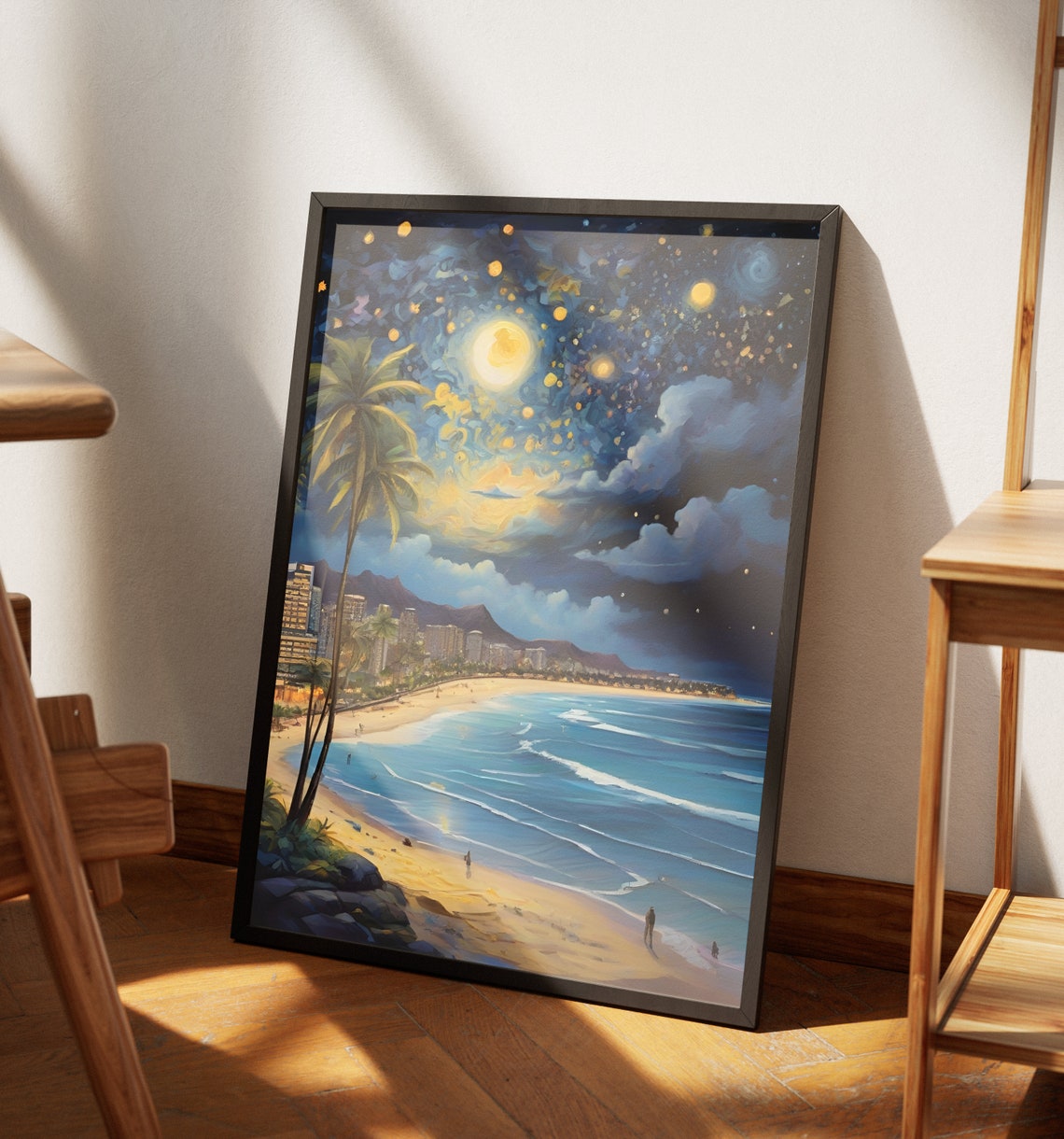 Hawaii Moonlit Beach Starry Night Palms City Lights Ocean View Poster - Image 4