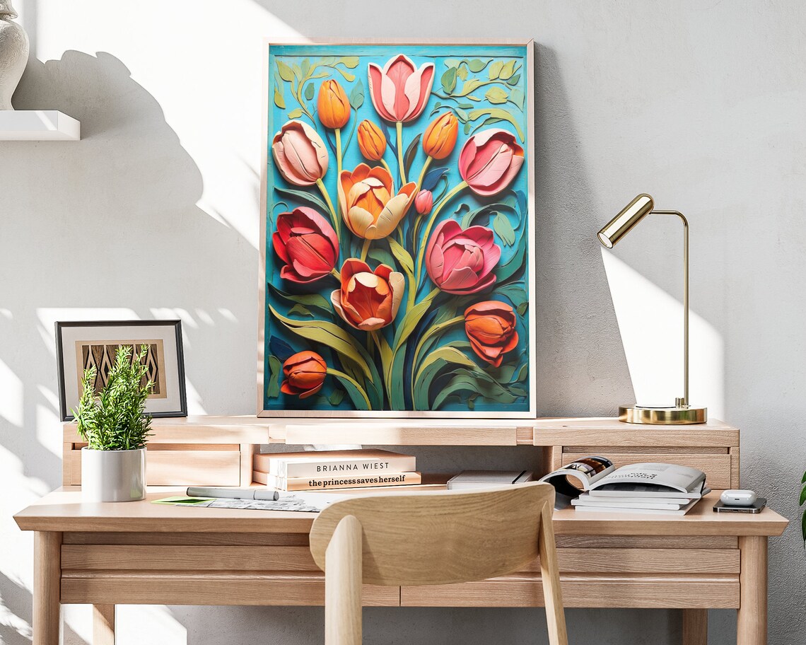 Colorful Tulips 3D Paper Quilling Teal Background Spring Floral Poster - Image 4