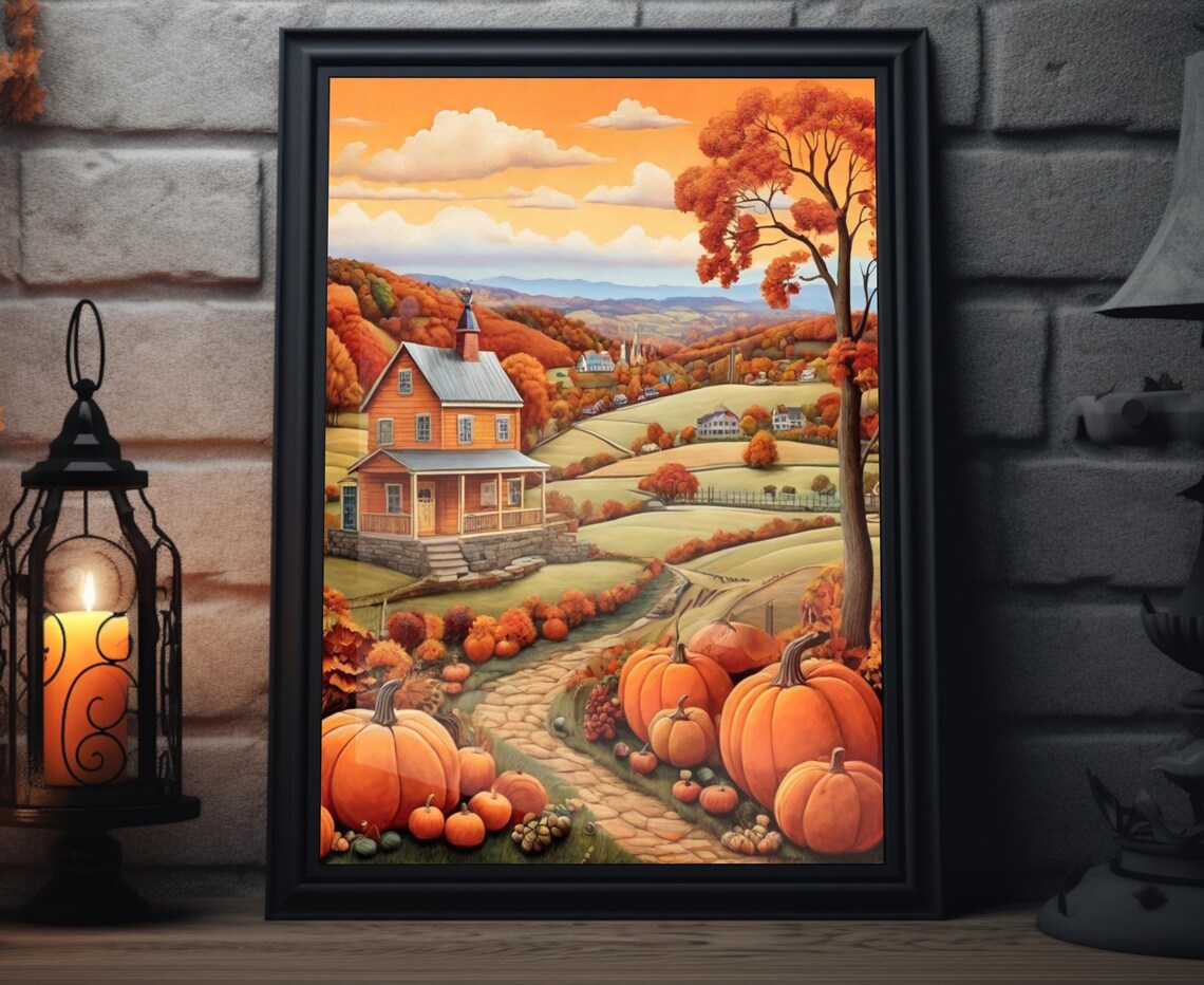 Autumn Farmhouse Hill Valley Sunset Pumpkin Patch Art Poster