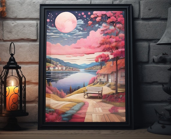 Moonlit Lake Starry Night Pink Clouds Mountain Cabin Bench Art Poster