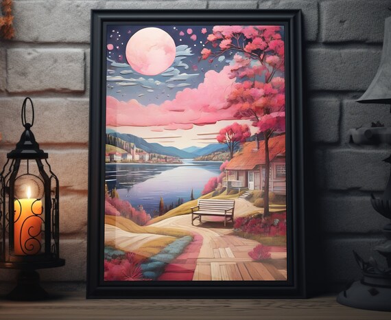 Paris Starry Night Matte Wall Art France Lakeview Artwork Paris France Print European Painting French Art Decor Paris Folk Art Poster