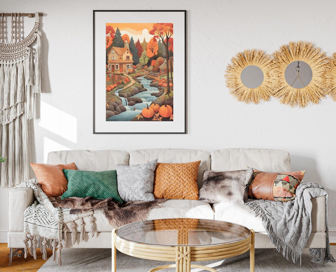Autumn River Waterfall Cottages Pumpkin Banks Folk Art Poster - Image 2