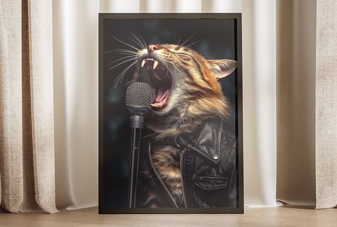 Tabby Cat In Leather Jacket Singing Into Microphone Humor Wall Art Poster