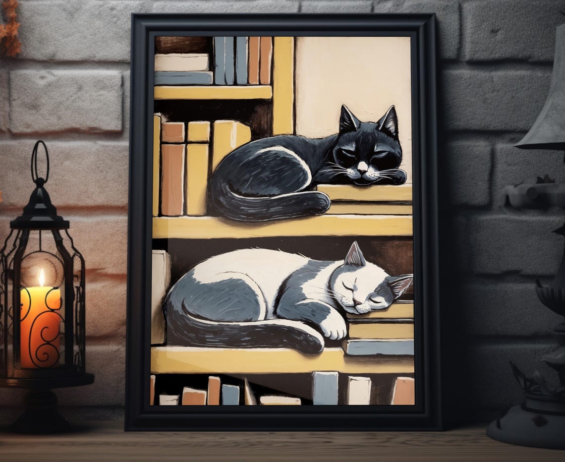 Two Sleeping Cats Bookshelf Shelves Cozy Book Lover Art Poster
