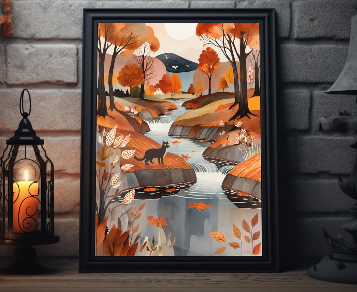 Black Cat Autumn Stream Waterfall Rocks Fall Nature Art Poster