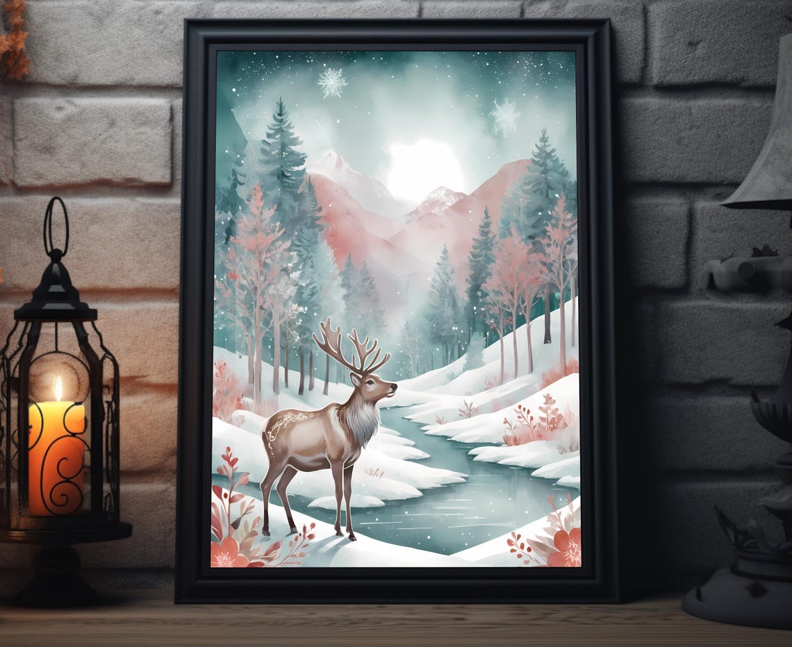 Majestic Deer In Snowy Winter Valley Pastel Moonlight Art Poster