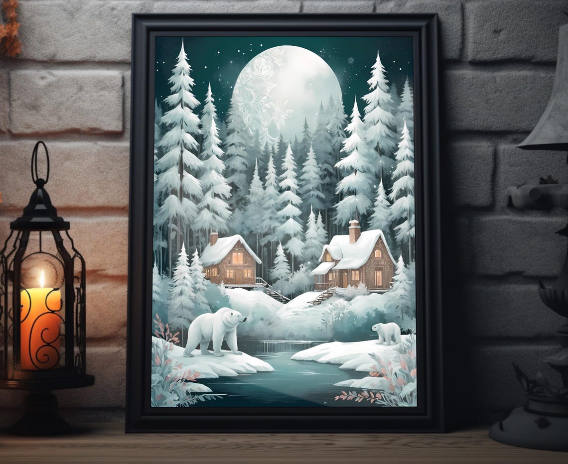 Moonlit Winter Forest Polar Bears Cabins Full Moon Night Poster