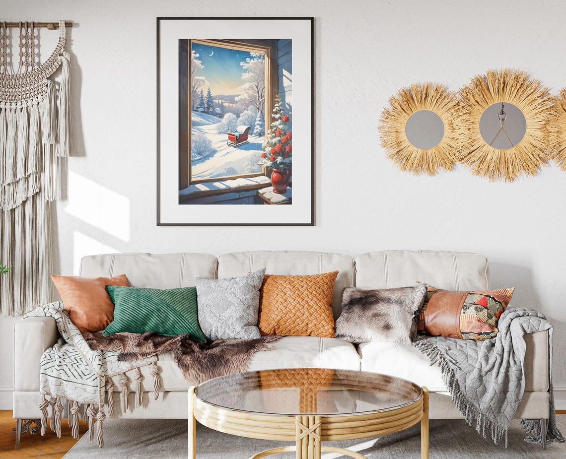 Red Sleigh In Snow Seen Through Rustic Window Winter Art Poster - Image 2