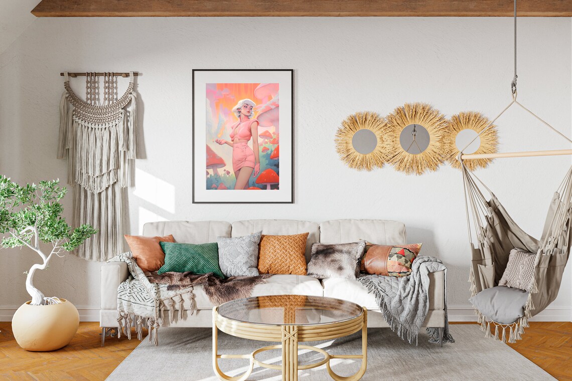 Retro Blonde Pin Up Girl Pink Outfit Giant Mushrooms Dreamy Art Poster - Image 2