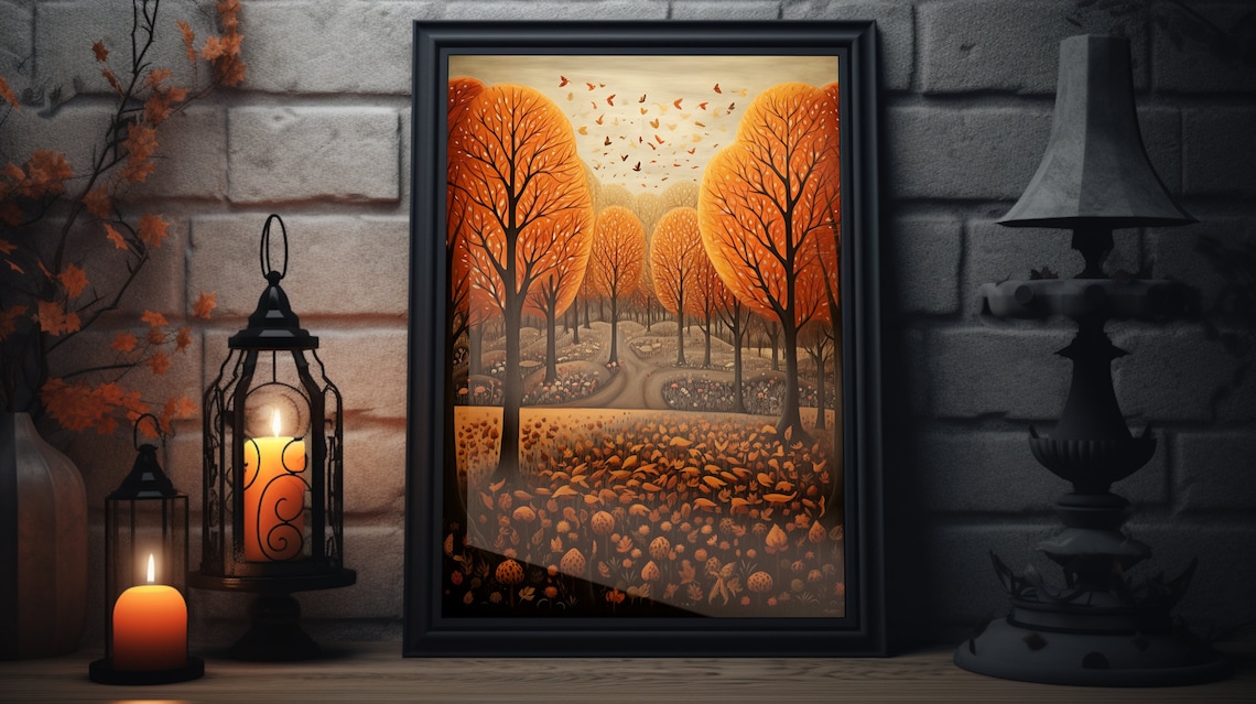 Orange Autumn Forest Winding Path Fallen Leaves Folk Art Poster