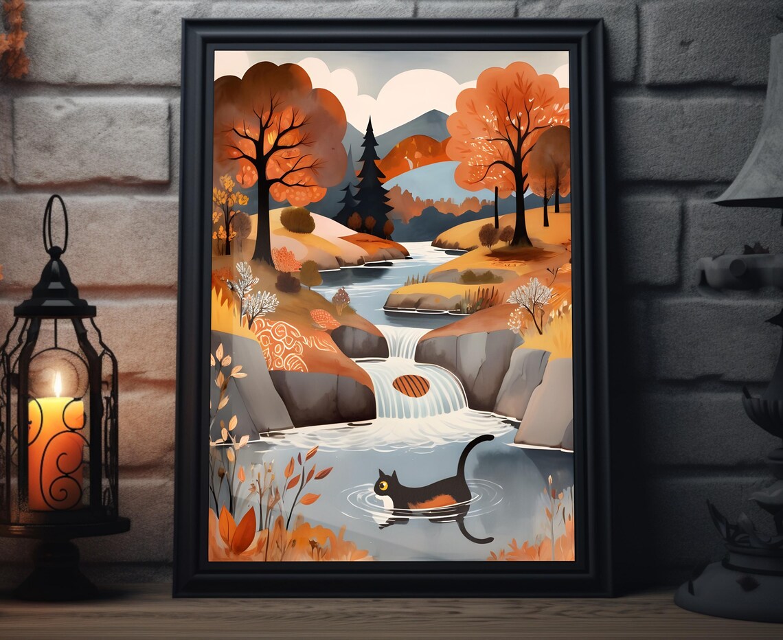 Swimming Black Cat Waterfall Pond Autumn Valley Folk Art Poster