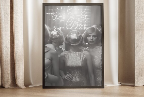Vintage Disco Ball Art Print 70s Retro Poster Funky Wall Decor Black And White Retro Artwork Gift For Disco Fan