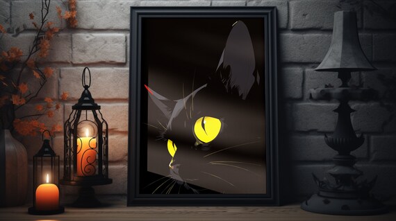 Black Cat Glowing Yellow Eyes Halloween Spooky Night Dark Feline Art Poster