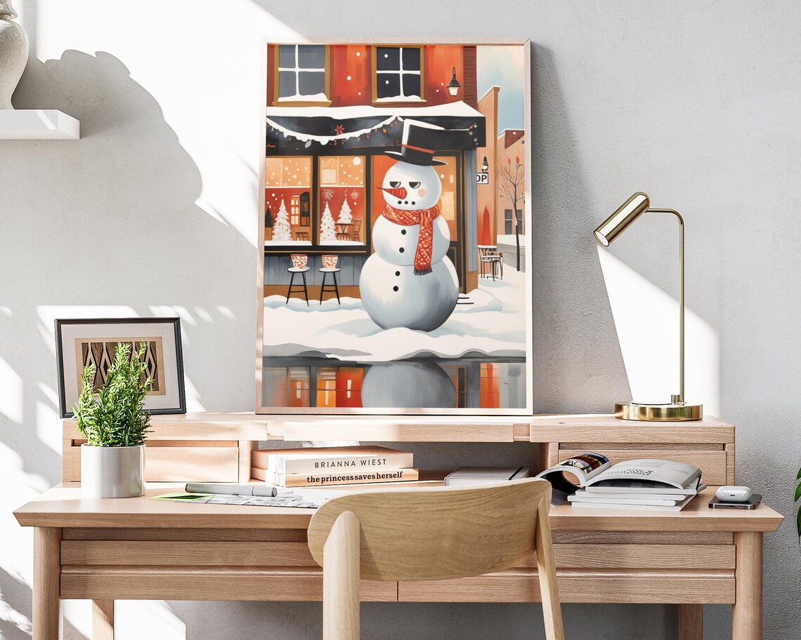 Cute Snowman Snowy Cafe Street Night Christmas Folk Art Poster - Image 4