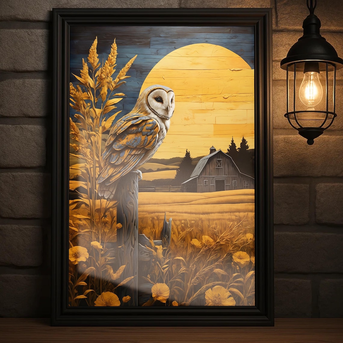 Barn Owl at Sunset Rustic Barn Golden Wheat Field Wildlife Poster