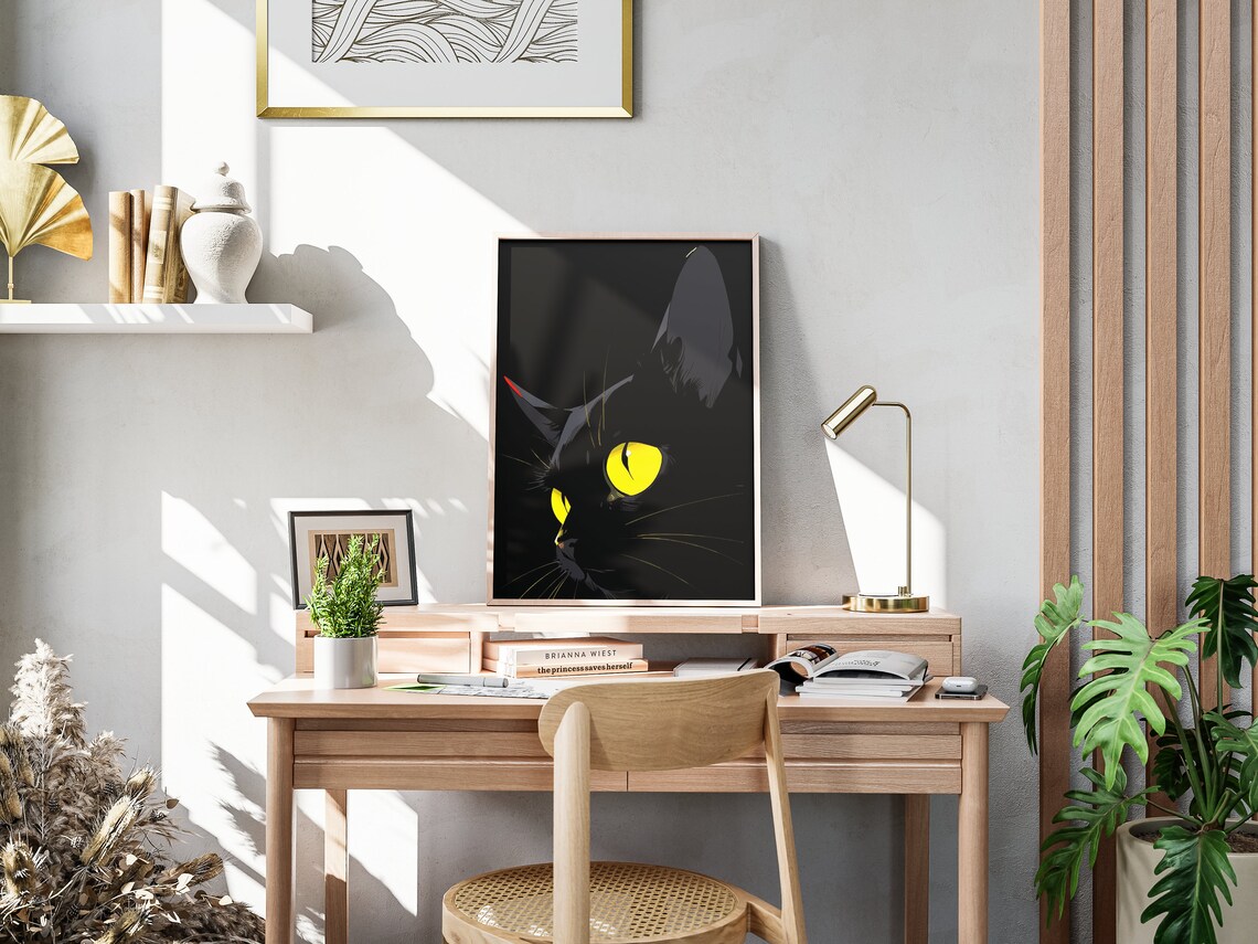 Black Cat Glowing Yellow Eyes Halloween Spooky Night Dark Feline Art Poster - Image 4