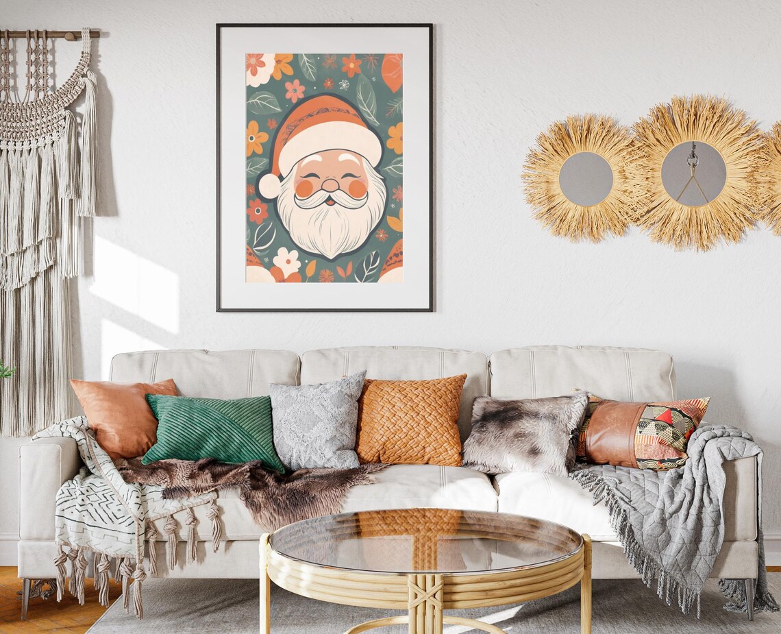 Boho Santa Face Portrait Dark Green Floral Background Holiday Poster - Image 2