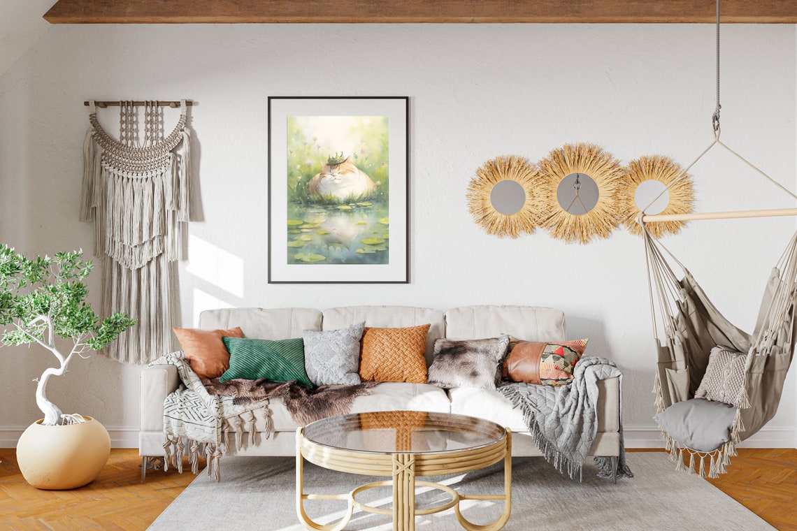 Claude Monet Inspired Watercolor Poster Fat Cat In Crown Amidst Flower Fields Nature Gift For Animal Lovers - Image 2