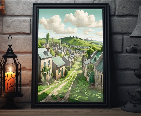 Ireland Village Street Stone Cottages Green Hills Folk Art Town Poster
