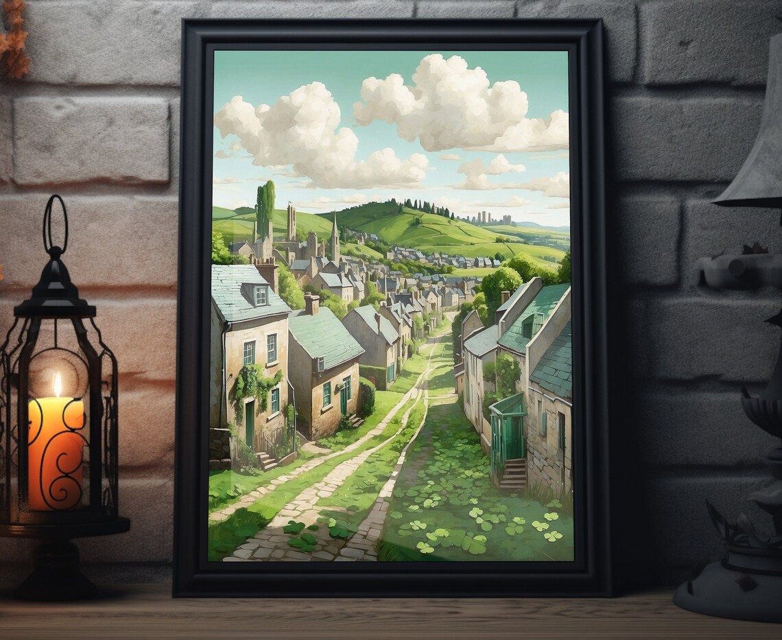 Ireland Village Street Stone Cottages Green Hills Folk Art Town Poster