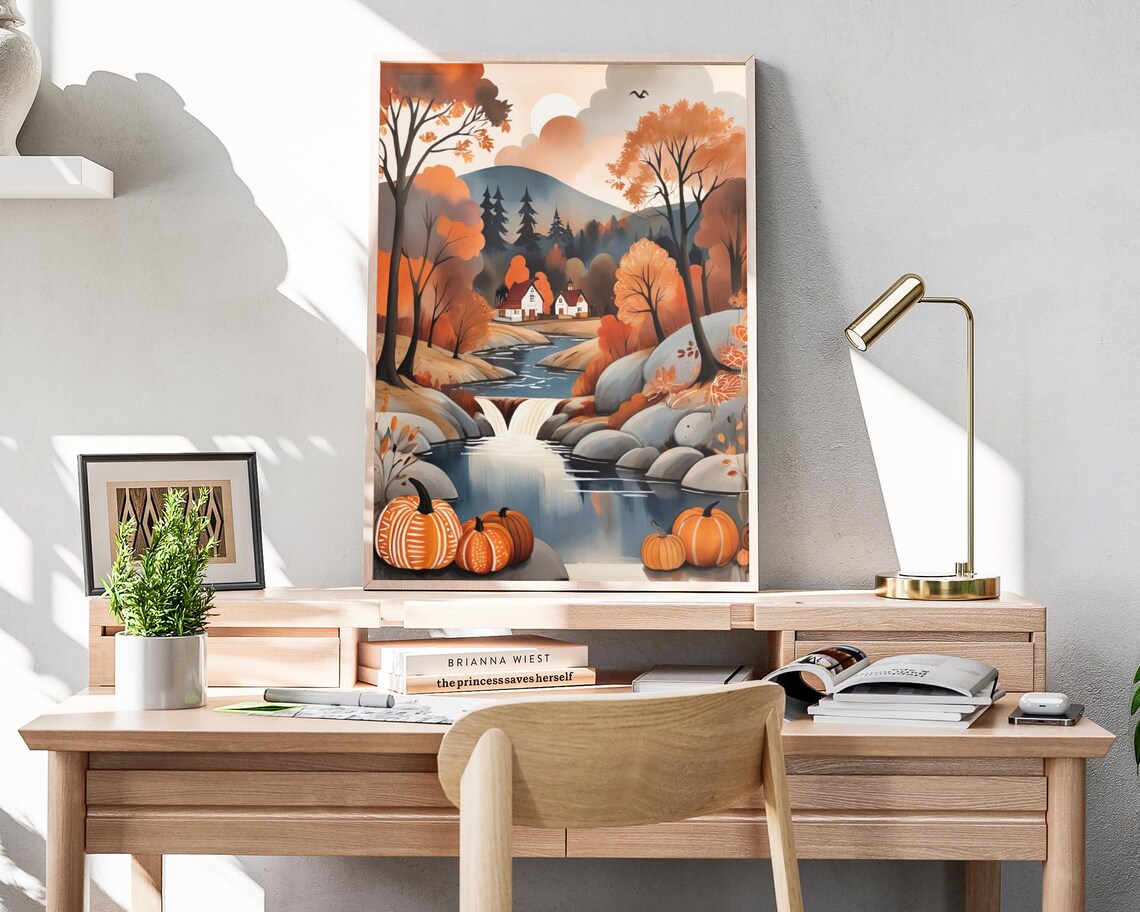Autumn River Folk Art Waterfall Pumpkins Mountain Cabins Fall Landscape Poster - Image 4