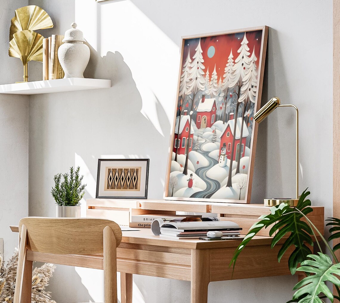 Red Cabins In Snowy Forest Snowmen Red Sunset Winter Art Poster - Image 3