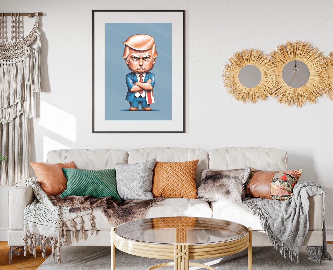 Donald Trump Chibi Caricature Flag Draped Blue Suit Political Poster - Image 2